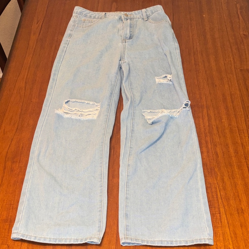 SHEIN Light Blue Distressed Wide-Leg Kids Jeans
